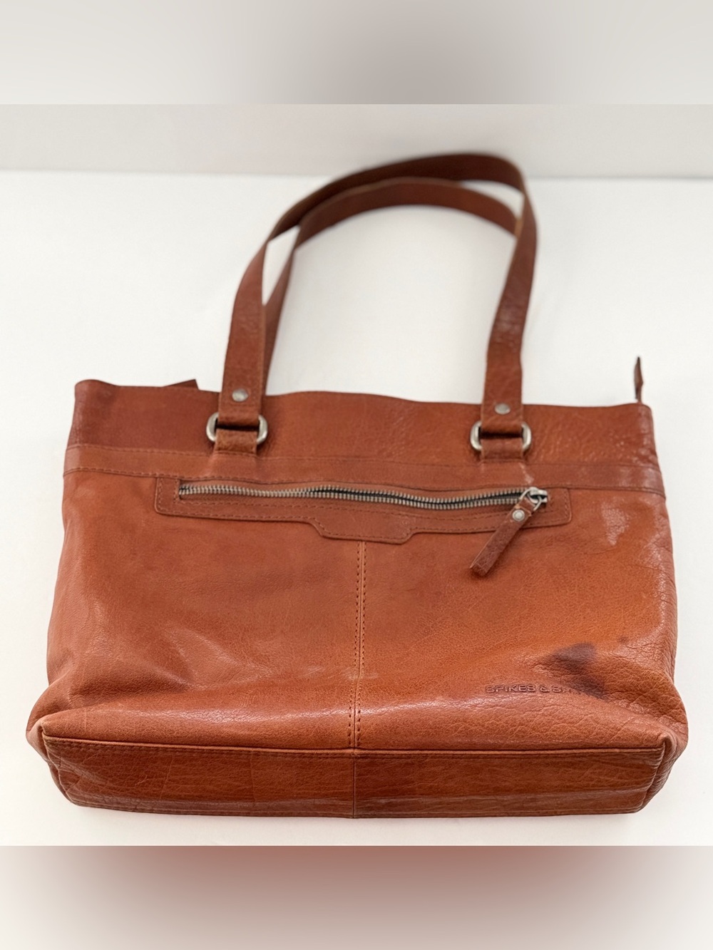 SPIKES & SPARROW Leather Laptop Bag Shoulder Tote Purse zip in Brandy Cognac - Picture 14 of 15